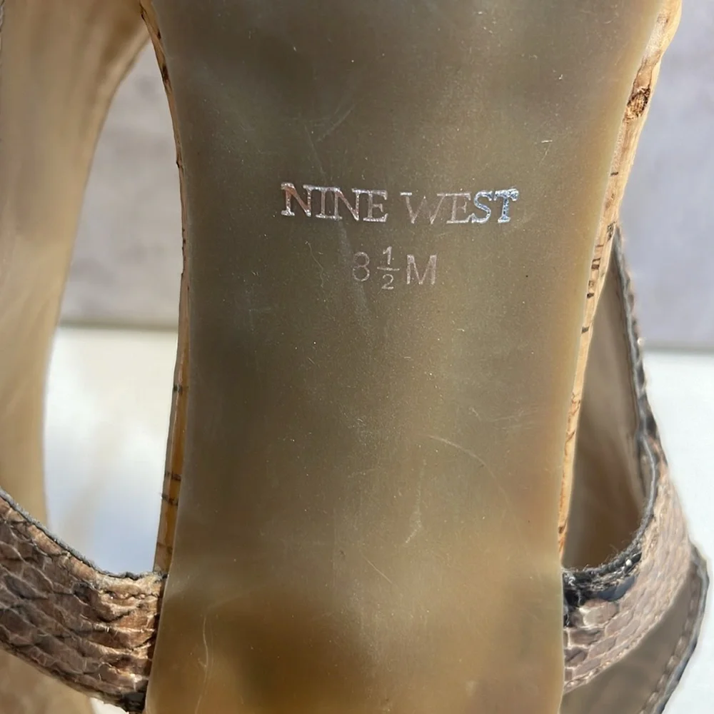 NINE WEST Snakeskin Cork Bottom 4” Heels Crossover Straps Sandals Classic 8.5M‎